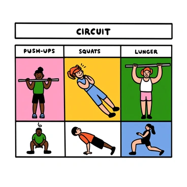 A colorful chart featuring various exercise illustrations in a circuit layout. Each exercise is depicted in a separate box, showcasing distinct movements. One box prominently displays a person performing inverted rows, with a light-skinned individual gripping a bar, pulling their body upward. Other boxes include illustrations of exercises such as push-ups, squats, and lunges, each with clear labels. The background is bright and engaging, enhancing the visibility of the exercises, while each figure is in an animated style with varying skin tones and athleticwear, emphasizing diversity and inclusivity in fitness.