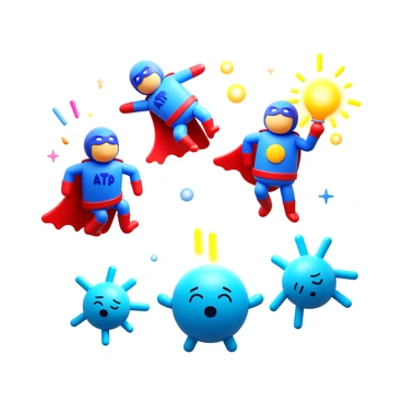 A 3D icon of ATP molecules designed as superhero characters. The ATP molecules have vibrant, cartoonish features, wearing capes and masks, showcasing their energetic persona. They are depicted in a dynamic pose, with some soaring through the air. Cells, illustrated with tired expressions, are shown below, surrounded by a soft glow, symbolizing fatigue. The ATP superheroes are reaching down to help the cells, with one of them holding a light bulb overhead, representing energy being restored. The background includes colorful bursts of energy, enhancing the action of the scene.