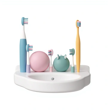 A family of toothbrushes stands together on a bright, cheerful bathroom sink. The first toothbrush is tall and slender, colored in vibrant blue with soft bristles. Next to it, a shorter toothbrush is round with a pink body and slightly larger, colorful bristles. Another toothbrush is shaped like an animal with a green design and bristles that resemble fur. The last one is a sleek, elongated toothbrush in yellow, with a modern handle and a unique head shape. Each toothbrush has a distinct personality, showcasing its individual colors and shapes while standing proud as a family.