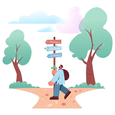 A vagabond with an unkempt appearance is standing at a crossroads, wearing a tattered coat and carrying a worn backpack over one shoulder. The ground is a mix of dirt and pebbles, leading in multiple directions. Surrounding the crossroads are tall trees with green foliage, their leaves gently swaying in a light breeze. A wooden signpost stands at the center, with signs pointing in different directions, each name partially obscured by vines. The sky above is painted in gradient pastel colors, transitioning from soft pink to light blue, adding a serene backdrop to the scene.