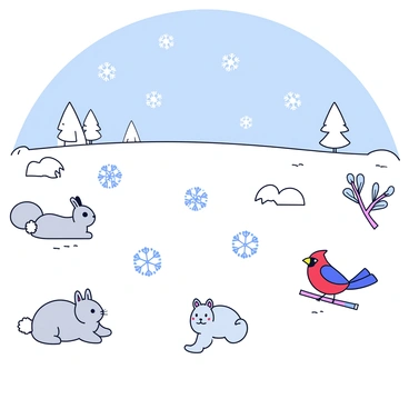 A snowy landscape covered in a thick layer of white snow. In the foreground, several illustrated snowflakes of different sizes, each with unique patterns, float gently through the air. Various winter critters are scattered throughout the scene, including a cute rabbit with soft white fur, a small grey squirrel with a bushy tail, and a red cardinal perched on a snow-covered branch. The background features distant snow-capped trees and a clear blue sky.