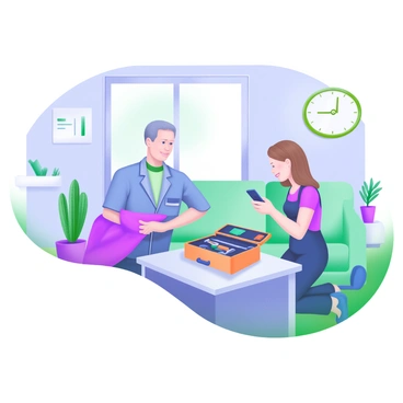 A modern pastel illustration depicting a technician wearing a blue uniform, kneeling beside a coffee table while assisting a customer. The customer, a middle-aged woman with brown hair, is holding a smartphone and looking at the technician. On the coffee table, there is an open toolbox with various tools visible. The room is cozy, featuring a green couch, potted plants, and a window letting in natural light. A wall-mounted clock shows the time, emphasizing the setting in a home environment. The scene conveys a sense of helpfulness and collaboration.