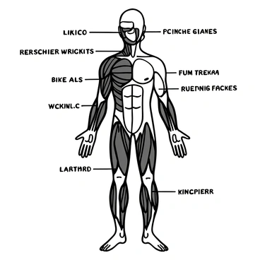 A black-and-white illustration depicting a detailed view of human muscles. The illustration shows the human body with clear delineation of major muscle groups such as the pectorals, biceps, triceps, quadriceps, and hamstrings. Each muscle group is labeled with text in a clear font, and the anatomy is presented in layers to highlight the structure and relationships between muscles. The background is left empty to focus solely on the musculature.