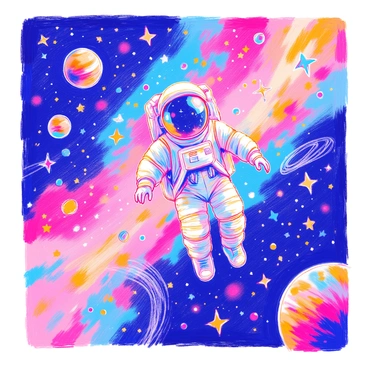 A t-shirt illustration features an astronaut in a white space suit, floating amidst a colorful starry galaxy. The background is filled with a myriad of stars in various sizes and colors, creating a vibrant cosmic scene. The astronaut is positioned in the center, with a reflective visor that mirrors a swirl of celestial bodies. Nearby, a few planets in the background are detailed with rings and craters, adding depth to the illustration. The overall composition creates a sense of adventure and exploration in the vastness of space.