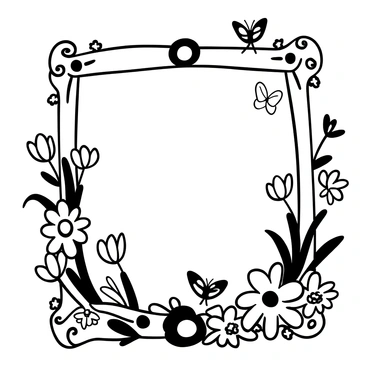 A delicate frame is decorated with a variety of blooming spring flowers, including daisies and tulips, all intricately detailed. Small butterflies are fluttering around the flowers, captured mid-flight. The frame itself has an elegant design with ornate patterns that complement the floral decorations. The scene is filled with a sense of natural beauty and freshness, emphasizing the vibrant life of spring.
