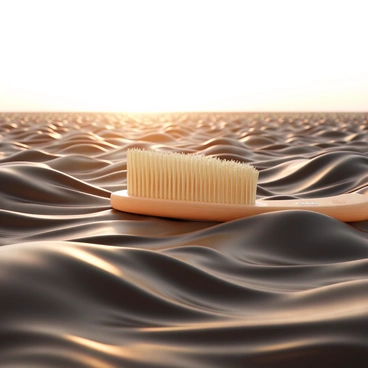 A giant hairbrush, made of shiny wood with soft bristles, is positioned above a vast sea of hair. The hair is flowing and undulating like ocean waves, with various shades of brown, blonde, and black blending together. The bristles of the hairbrush are gently touching the surface, creating ripples and curls in the hair below. Sunlight reflects off the strands, adding a glossy finish to the hair sea. In the background, the horizon is visible, with the hair extending as far as the eye can see, giving the impression of an endless ocean.