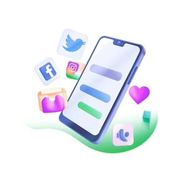 A modern pastel illustration showing a sleek smartphone in the center of the image. Surrounding the smartphone are various icons representing different social media platforms, including a blue bird for Twitter, a colorful camera for Instagram, a light blue messenger symbol for Facebook, and a reddish heart for TikTok. The icons are illustrated in a playful, animated style, floating around the smartphone in a dynamic arrangement, creating a feeling of connectivity and engagement.
