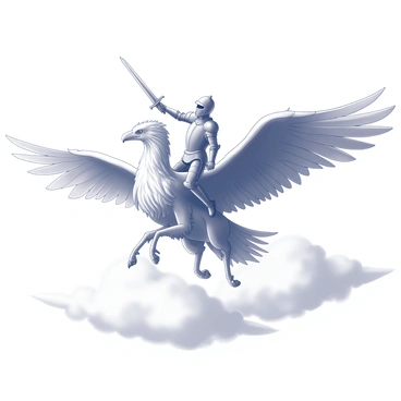A knight in shining armor is mounted on a griffin soaring through a sky filled with clouds. The knight holds a sword firmly in one hand, while the other arm is extended outward, as if embracing the freedom of flight. The griffin has powerful wings outstretched, showcasing its feathers and strong physique. Below the griffin, a vast expanse of fluffy white clouds creates a sense of height and adventure. The scene captures a moment of bravery and exhilaration as they navigate through the air.