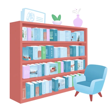 A large wooden bookshelf stands against a wall, filled with books that have colorful spines. Each book is titled with the name "Simone Veil" and various aspects of her life and achievements. Some book covers feature images of historical events and symbols associated with her legacy. The bookshelf is organized with books arranged both vertically and horizontally, creating a dynamic look. A small, decorative plant is placed on top of the shelf, adding a touch of greenery. A cozy reading nook is positioned nearby, with a comfortable chair and a small side table, inviting one to explore the world of Simone Veil.