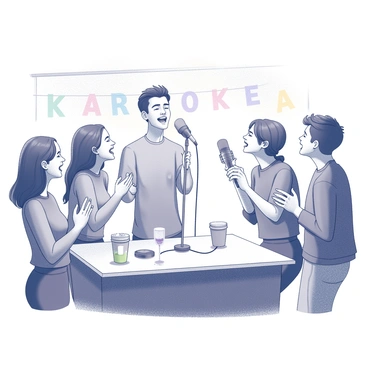 A group of friends is gathered in a karaoke bar. Two friends are standing at a microphone, singing passionately into it. One friend is smiling widely, while the other has their eyes closed, fully immersed in the performance. The remaining friends are seated at a nearby table, laughing and clapping in support. There are drinks on the table, and a colorful array of decorations can be seen in the background, enhancing the lively atmosphere.