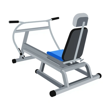 A close-up view of a seated cable row machine showcasing the intricate mechanics. The machine features a sturdy, metallic frame with a sleek, polished finish. The cable system is visible, with thick steel cables running through smooth pulleys. The seat is cushioned and is positioned at a slight angle, providing ergonomic support for the user. The row handles are attached to the cables, featuring textured grips for better handling. Reflections and highlights on the metal surfaces emphasize the machine's durability and modern design.