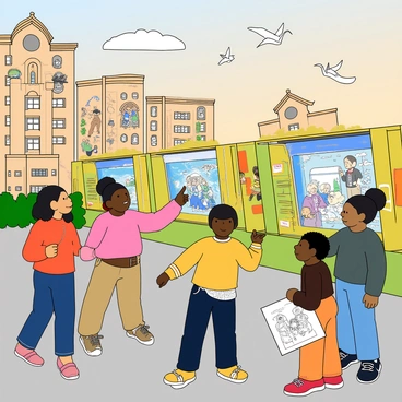 A vibrant scene depicting a futuristic cityscape inspired by the artistic legacy of the 2022 Hans Christian Andersen Award winner. In the foreground, a group of diverse children with different skin tones, ages, and hairstyles are gathered around a large, interactive art installation. The installation features colorful, illuminated panels that tell stories through animated images and sounds. Behind them, tall buildings have whimsical architectural designs, adorned with murals of beloved characters and scenes from classic tales. The sky is a soft gradient of pastel colors, hinting at dusk, while flying books and paper cranes float above, symbolizing creativity and imagination. The children are engaged, pointing at the installation, while one child holds a sketchbook filled with drawings.