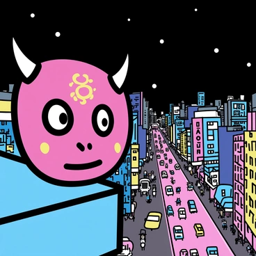A red hannya mask with intricate designs is positioned prominently at the edge of a rooftop. The mask showcases fierce features, including sharp horns and wide eyes. Below, a bustling city is illuminated by vibrant neon lights, with tall buildings and busy streets filled with people and vehicles. The skyline is filled with a mix of modern and traditional architectural elements, and the glow of the neon creates a lively atmosphere. In the background, a dark sky is visible, contrasting with the vivid colors of the city lights.
