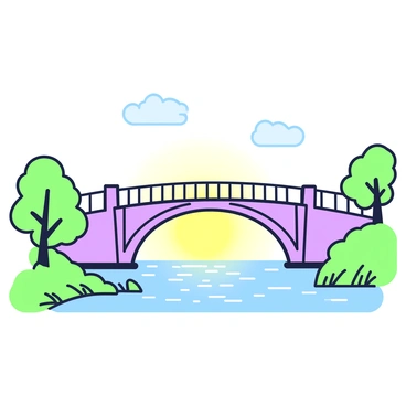 A bridge stretches across a calm river, connecting two riverbanks. The structure features intricate details with arches and railings leading towards a glowing horizon. The surface of the river reflects the light from the horizon, creating a shimmering effect on the water. Flanking the river, there are green trees and grass on both sides, adding natural elements to the scene. Wispy clouds are visible in the sky above the bridge, enhancing the overall composition.