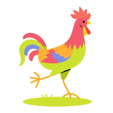 A rooster with a puffed chest strutting confidently on a grassy surface. Its feathers are vibrant and multi-colored, showcasing shades of red, orange, green, and blue. The rooster's beak is yellow and bright, and it has a distinct comb on its head. The sun shines down, casting soft shadows beneath the rooster as it moves, creating a lively scene full of energy.