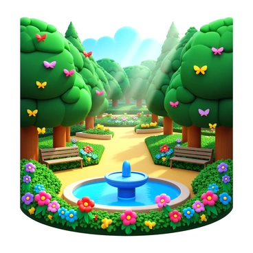 A botanical garden filled with a variety of colorful flowers, green foliage, and tall trees. Pathways wind through the garden with benches for visitors to sit. Brightly colored butterflies flutter among the plants. In the foreground, a fountain with clear water surrounded by blooming plants adds to the vibrant atmosphere. Sunlight filters through the leaves, creating dappled patterns on the ground.