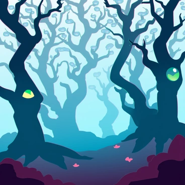 A twisted, gnarled forest with irregularly shaped trees, their branches contorted and reaching outwards. The ground is uneven, covered in dark, damp soil and scattered fallen leaves. An eerie fog creeps through the scene, obscuring the view and creating a sense of mystery. Glowing eyes in various colors, such as green and yellow, peer from the shadows between the trees, adding an element of intrigue and suspense. The atmosphere is dense and foreboding, with the faint outlines of the forest merging into the thick mist.