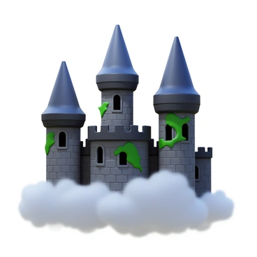 A spooky castle with dark towers reaching into a cloudy sky. The castle's stone walls are weathered and covered in vines. A thick, ghostly fog surrounds the base of the castle, obscuring parts of the ground. Shadows dance around the towers, creating an eerie atmosphere. The windows are dark and appear to be empty, adding to the haunting scene.