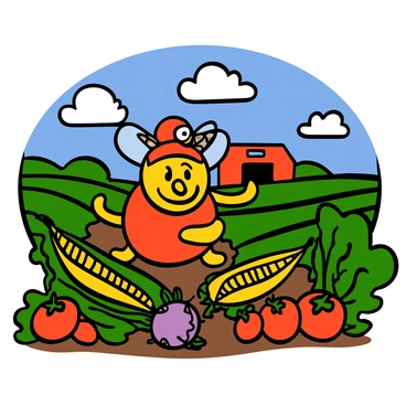 The Jollibee mascot, a cheerful character with a big smile, is standing in a vibrant farm setting. The farm is filled with a variety of fresh vegetables, such as bright red tomatoes, leafy green lettuce, and golden corn. The sky is a clear blue with a few fluffy white clouds. In the background, there are lush green fields, and a large red barn can be seen. The Jollibee mascot is wearing its classic red and yellow outfit and is playfully interacting with the vegetables, creating a lively and joyful scene.