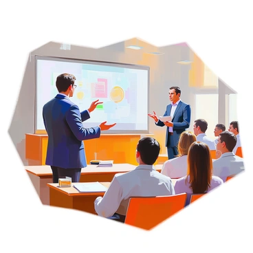 A lawyer with dark hair, wearing a tailored navy suit, stands confidently in front of a group of attentive students seated in a lecture hall. The lawyer is gesturing with one hand while holding a folder in the other, emphasizing key points of the case being presented. The students are a diverse group, comprising both men and women, some taking notes while others watch intently. The lecture hall features rows of wooden desks and a large screen displaying slides related to the case. Large windows let in natural light, illuminating the room.