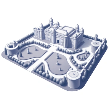 A bird's eye view of Bangalore Palace, showcasing its intricate architecture. The palace features a large central structure with several towers and a prominent entrance. Surrounding the palace are expansive gardens filled with neatly trimmed hedges, well-maintained flower beds, and winding pathways. The layout includes symmetrical patterns in the landscaping, with trees strategically placed throughout. Several decorative fountains are positioned within the garden area, adding to the overall elegance of the scene. The layout of the property includes adjacent buildings that complement the palace's design.