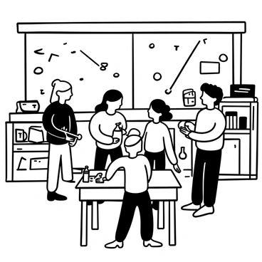 A group of children standing in a classroom, each holding a small bottle of hand sanitizer. The children are gathered around a table, with some of them actively dispensing the sanitizer into their hands. The classroom is filled with various educational supplies such as books, pencils, and paper scattered across the desks. There is a large chalkboard in the background with colorful drawings and notes. Sunshine is streaming through the windows, casting shadows on the floor.