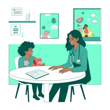 A teal pediatrician is sitting at a round white table in an NHS children's health clinic. The pediatrician is smiling and talking with a young patient, who is around five years old, sitting in a white chair across from them. The child has curly brown hair and is holding a stuffed animal in their lap. On the wall behind them, there are colorful posters depicting healthy habits and friendly cartoon characters. A white medical chart is visible on the table, and there is a teal stethoscope hanging around the pediatrician's neck.