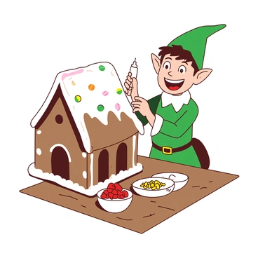 A green-clad elf, named "Buddy," is enthusiastically decorating a gingerbread house. The gingerbread house has a roof covered in white icing, with colorful candies adorning the edges. Buddy is holding a piping bag filled with bright white icing, carefully outlining the windows and door. In front of him, there are bowls filled with multicolored candies, including red gumdrops and yellow sprinkles. The elf is smiling widely as he adds the finishing touches to the house, which sits on a wooden table.