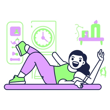 A cartoon character is energetically lying on a fitness mat while performing bicycle crunches. The character has wide eyes and a big smile, showcasing an enthusiastic expression. One leg is raised at a right angle while the other leg is extended out, mimicking the cycling motion. The arms are bent, with elbows touching the knees in a playful manner. The background features a bright, simple gym setting with a large clock on the wall, indicating a lively workout session. There are colorful fitness posters on the wall, adding to the vibrant atmosphere.
