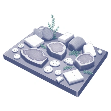 An expansive charcuterie board arranged on a wooden surface. The board showcases an assortment of various cuts of beef, intricately displayed in an appealing manner. Accompanying the beef are several types of cheese, cut into wedges and cubes, their textures clearly visible. Alongside the meats and cheeses are an array of crackers, some whole and some broken in half, providing contrast in shapes and sizes. Sprigs of fresh herbs are scattered artfully around the board, adding a touch of detail to the composition.