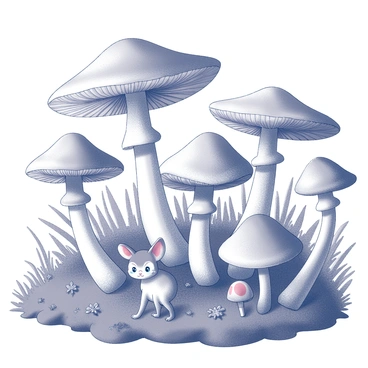 A dense forest filled with towering, oversized mushrooms of various shapes. Some mushrooms have broad caps that spread out wide over the ground, while others rise tall like trees with slender stalks. The forest floor is thick with greenery and small plants, creating a lush undergrowth. Unusual creatures can be seen among the foliage; one creature resembles a small, furry animal with large, curious eyes and oversized ears peeking out from behind a mushroom. Another creature has a slim body and vibrant markings, standing on its hind legs as it inspects the surrounding area. The entire scene is alive with detail, drawing attention to the unique flora and fauna within this enchanting forest.