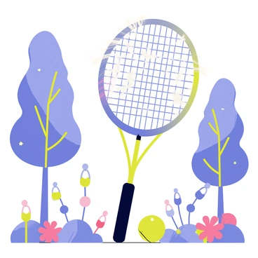 A badminton racket with an intricate design featuring swirling patterns and a vibrant, glowing handle. The racket emanates an ethereal light in various shades of blue and purple. Surrounding the racket are tall, whimsical trees with luminous leaves and soft, colorful flowers sprouting from the ground. Soft beams of light filter through the trees, illuminating small, sparkling particles floating in the air, creating an enchanting atmosphere.