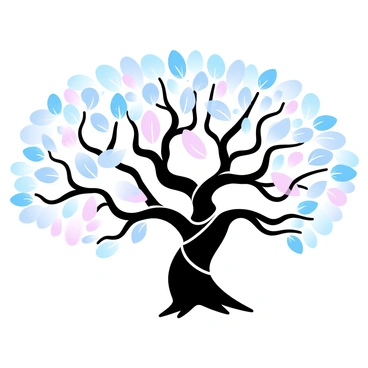 A large tree with twisting branches extends across the image. The branches are intricately detailed, showcasing their unique shapes and curves. The tree is adorned with numerous leaves, each one carefully illustrated in line art style. The overall composition is balanced, with the tree positioned centrally, creating a sense of elegance and complexity. The background features a gradient of soft pastel colors, enhancing the visual appeal of the tree.