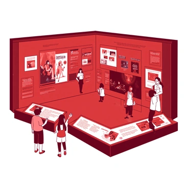 A red museum exhibit features interactive displays showcasing various artifacts related to "BTS's career." In the center, there is a large screen featuring a video montage of the band's performances and milestones. Surrounding the screen, there are multiple touchscreens that allow visitors to explore different eras of the band's journey. Artifacts such as "album covers," "stage costumes," and "awards" are displayed in glass cases, illuminated by soft lighting. Visitors of all ages are engaging with the displays, some taking photos and others reading information about the band's impact on music and culture.