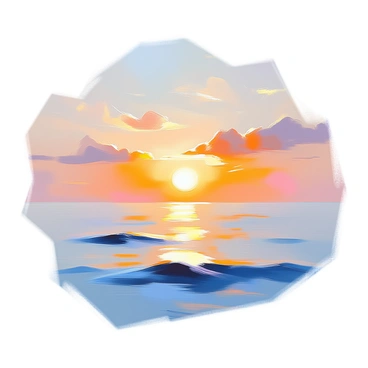 A serene seascape showing a calm sea extending towards the horizon. The water is a soft blue, reflecting the early morning light. Above, a gentle sun rises, casting warm golden and orange hues across the sky. Wisps of clouds catch the sunlight, adding texture to the sky. The calm surface of the water has small ripples, creating a peaceful ambiance as it meets the distant horizon.