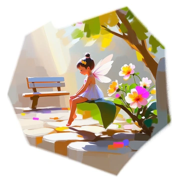 A small fairy with delicate, fig-like wings is gently resting on a large, green leaf of a fig tree. The fairy has an intricate dress made of soft, earthy tones that blend harmoniously with her natural surroundings. Bright, colorful flowers can be seen blooming nearby, adding vibrancy to the scene. The sunlight filters through the leaves, casting dappled light onto the fairy and the leaf. In the background, hints of vintage garden elements such as an old wooden bench and weathered stone pathway can be glimpsed, enhancing the nostalgic atmosphere of the setting.