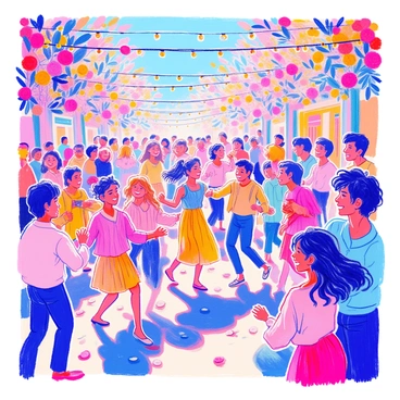 A festive celebration scene is filled with people dancing joyfully. They are wearing vibrant clothing in various colors, expressing excitement and happiness. Colorful flower decorations are arranged throughout the area, adding a lively atmosphere. There are groups of friends laughing and sharing in the celebration. In the background, strings of lights illuminate the scene, further enhancing the festive mood.