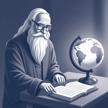 An elderly wizard with a long white beard and half-moon glasses stands in a dimly lit room. He is wearing a deep robe adorned with intricate patterns. In front of him is an open book resting on a wooden table, its pages filled with arcane text and detailed illustrations. To the side, a large, glowing globe of the world radiates a soft light, illuminating the wizard's face with a gentle glow. The atmosphere is filled with an air of deep contemplation and wisdom as he leans slightly closer to the globe, examining its surface intently.