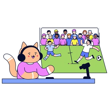 A cartoon cat seated at a table, wearing large black headphones. The cat has a focused expression, with wide eyes and a slightly open mouth as it speaks. In front of the cat is a soccer field scene showing players in action, with one player kicking a soccer ball towards the goal. The background includes a cheering crowd in simple shapes representing fans. A small microphone is placed on the table beside the cat.