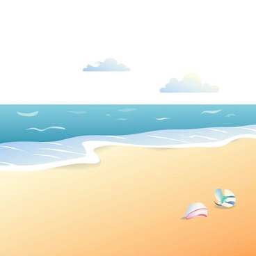 A wide sandy beach stretches across the foreground, with soft golden grains glistening under the sunlight. Gentle waves with white foam are lapping at the shore, creating a rhythmic pattern as they retreat back into the ocean. In the background, the water is a deep blue, blending seamlessly with the horizon. A few scattered seashells are resting on the wet sand, their unique shapes and colors adding detail to the scene. The sky above is clear with a few wispy clouds, completing the tranquil beach setting.