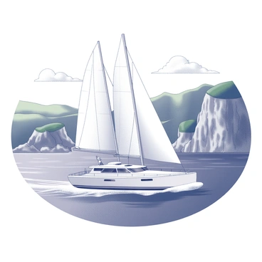 A yacht gliding across the water, leaving a gentle wake behind. The boat has sleek lines and is equipped with white sails unfurled to catch the breeze. In the background, there are rugged cliffs rising steeply from the shoreline. Lush greenery is visible atop the cliffs, contrasting with the rocky surfaces. A few fluffy clouds drift in the sky, and the sun casts light on the scene, highlighting the yacht's elegant silhouette against the vibrant coastal landscape.