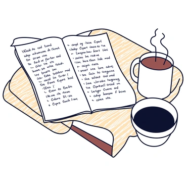 An open notebook on a wooden table. The pages of the notebook are filled with hand-written sermon notes in black ink. Next to the notebook is a steaming cup of coffee, with a dark brown color and a simple white ceramic design. The wooden table has a natural grain pattern that adds texture to the scene.