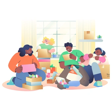 A family of four is gathered in a cozy apartment, eagerly opening cardboard boxes. The parents, a man with short brown hair and a woman with long wavy black hair, are kneeling on a soft beige carpet. Two children, a girl with curly blonde hair and a boy with straight black hair, are helping by peeling off tape and lifting flaps. The room is filled with boxes of various sizes, some stacked and others partially opened, revealing colorful toys and household items inside. A large window lets in warm sunlight, casting gentle shadows across the room, and a small potted plant sits on a nearby windowsill. The walls are painted light yellow, giving the space a cheerful atmosphere.