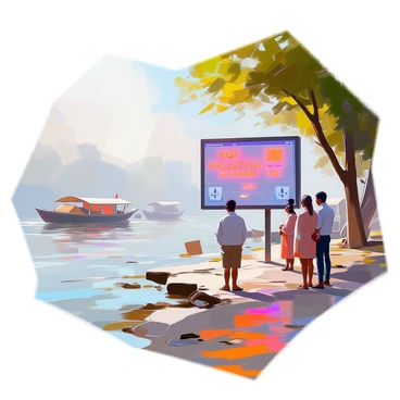 A digital pollution alert board is prominently displayed next to the Ganges River, glowing with bright red letters indicating “High Pollution Levels.” The background shows the flowing water of the Ganges, with visible debris and litter floating on the surface. The board includes graphical icons representing pollutants and a numerical reading of the pollution index. Nearby, a few concerned bystanders are looking at the board, while the lush green banks of the river contrast with the pollution warning. In the distance, traditional boats can be seen along the river, adding to the context of the scene.