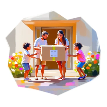 A family of four stands on their doorstep, smiling joyfully as they receive a large cardboard package. The parents, a man with short brown hair and a woman with long dark hair, are bending down to inspect the box, while two children, a boy with curly hair and a girl with pigtails, are excitedly jumping around them. The package is adorned with colorful tape and a printed shipping label. The sunlight casts warm rays illuminating their cheerful expressions, and the house behind them is adorned with colorful flowers in the garden.