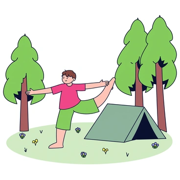 A camper wearing a bright red shirt and green shorts is practicing the "thread-the-needle" pose in a forest clearing. The camper has short brown hair and is focused on maintaining balance. Nearby, there is a simple tent in a muted green color, with the entrance slightly open. Surrounding the area are tall trees with lush green leaves, creating a natural frame. Soft sunlight filters through the branches, casting gentle shadows on the ground. A few wildflowers in shades of yellow and purple dot the grassy floor.