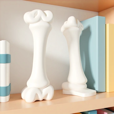 A pair of bookends, each shaped like a stylized femur bone, positioned on a wooden shelf. The bookends have a smooth, polished surface with intricate details that mimic the texture and structure of real femur bones. The shelf is filled with various books of different sizes, and the backdrop includes a soft, neutral-colored wall. The lighting highlights the bookends, casting gentle shadows on the shelf, emphasizing their unique shape and design.
