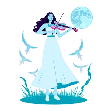A young woman named Brook with wavy black hair and light skin is playing a shiny silver violin. She is wearing a flowing white dress that gently sways in the breeze. The scene is set in a moonlit field, illuminated by the bright full moon casting soft shadows on the ground. Surrounding her are ethereal glowing spirits, translucent figures with soft, shimmering outlines, dancing gracefully in the air. The grass beneath her feet is lush and green, illuminated by the moonlight, creating a magical and enchanting atmosphere.
