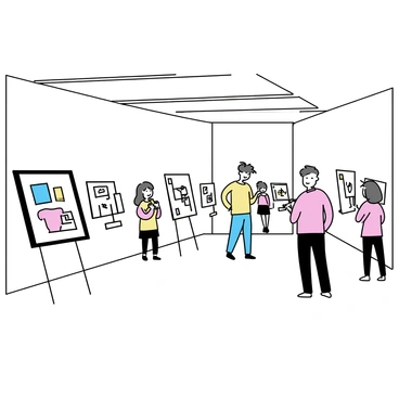 A spacious gallery filled with white walls and polished wooden floors. Several "illustration boards" are displayed evenly across the room. Each board features a different artwork, showcasing a variety of styles and techniques. The lighting is bright, highlighting the details of each piece. There are a few visitors, some standing close to the boards, studying the artwork intently, while others are engaged in discussion. A small plaque next to each board provides information about the artist and the title of the work.