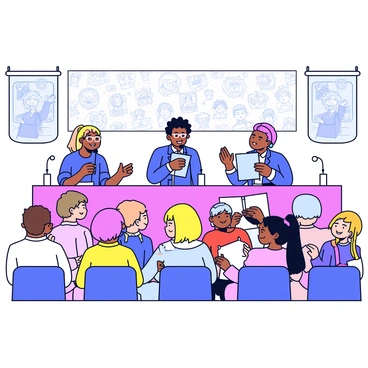 A comic convention panel featuring three artists seated behind a long table. The first artist, a woman with glasses, is animatedly speaking into a microphone while gesturing with her hands. The second artist, a man with a beard, is nodding in agreement and holding up a sketchbook. The third artist, a young woman with brightly colored hair, is smiling and listening intently. In front of them, an enthusiastic crowd of diverse attendees is seated, with some holding sketchbooks and pens, eagerly taking notes. Banners and posters decorate the background, showcasing various comic characters and artwork.